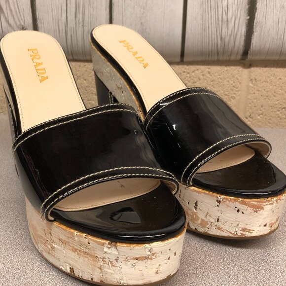 PRADA Black Patent Leather Cork Platform Block Heel Slide Sandals Size EU 38  ** - Picture 1 of 9